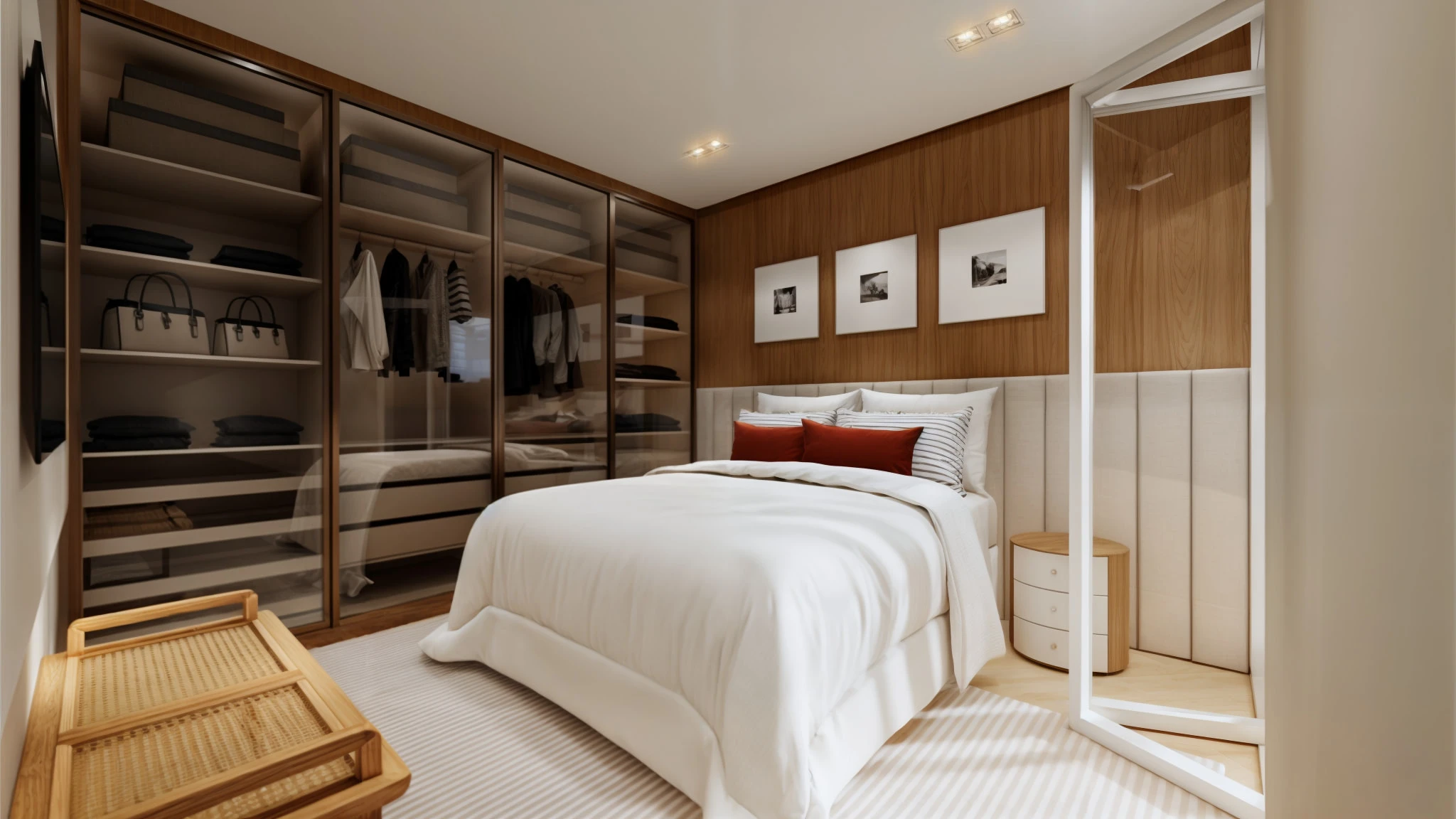 Dormitório de apartamento de 2 dormitórios do Enseada Exclusive, com cama de casal e armário embutido, Praia da Enseada, Guarujá