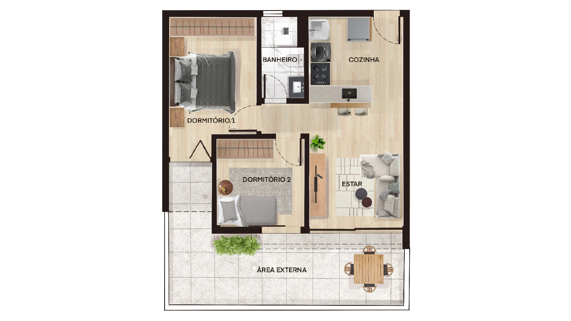 Planta do apartamento Garden 50 m² com 2 dormitórios, Enseada Exclusive, Praia da Enseada, Guarujá
