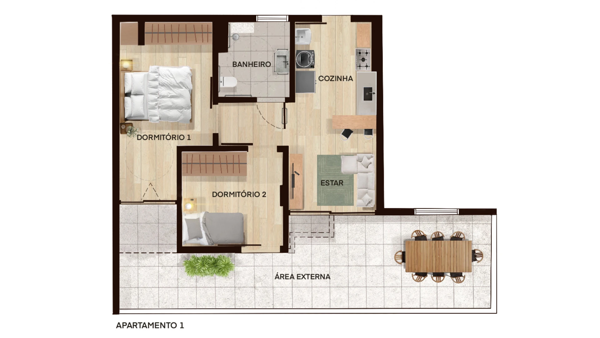 Planta do apartamento Garden 58 m² com 2 dormitórios, Enseada Exclusive, Praia da Enseada, Guarujá