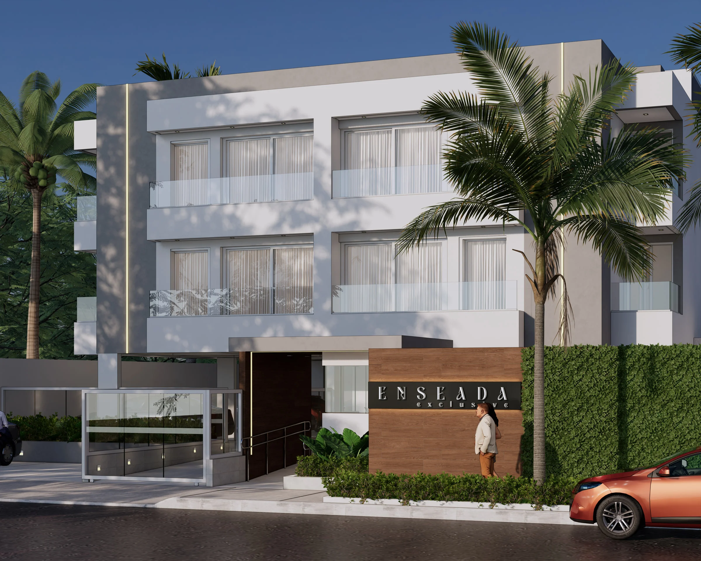 Fachada do Enseada Exclusive, apartamentos de 2 dormitórios com entrega prevista para dezembro de 2026 na Praia da Enseada, Guarujá