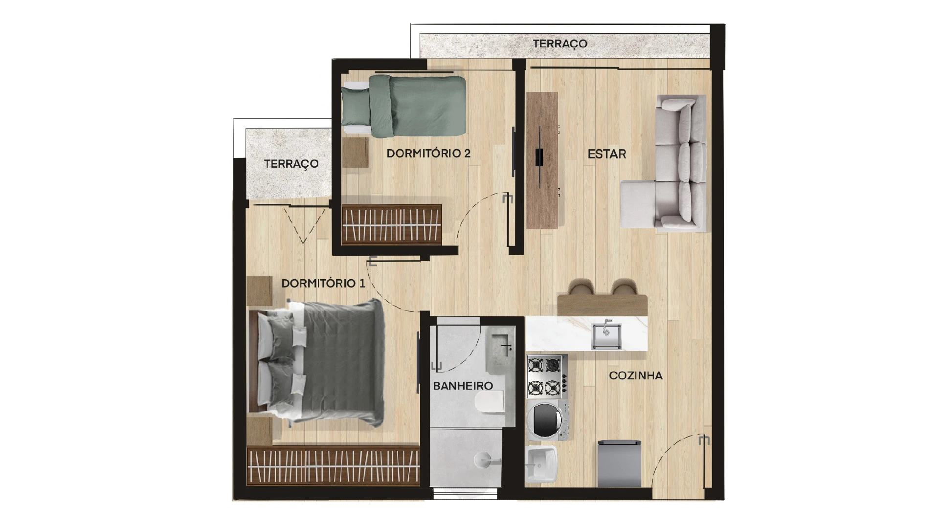 Planta do apartamento Tipo 50 m² com 2 dormitórios, Enseada Exclusive, Praia da Enseada, Guarujá