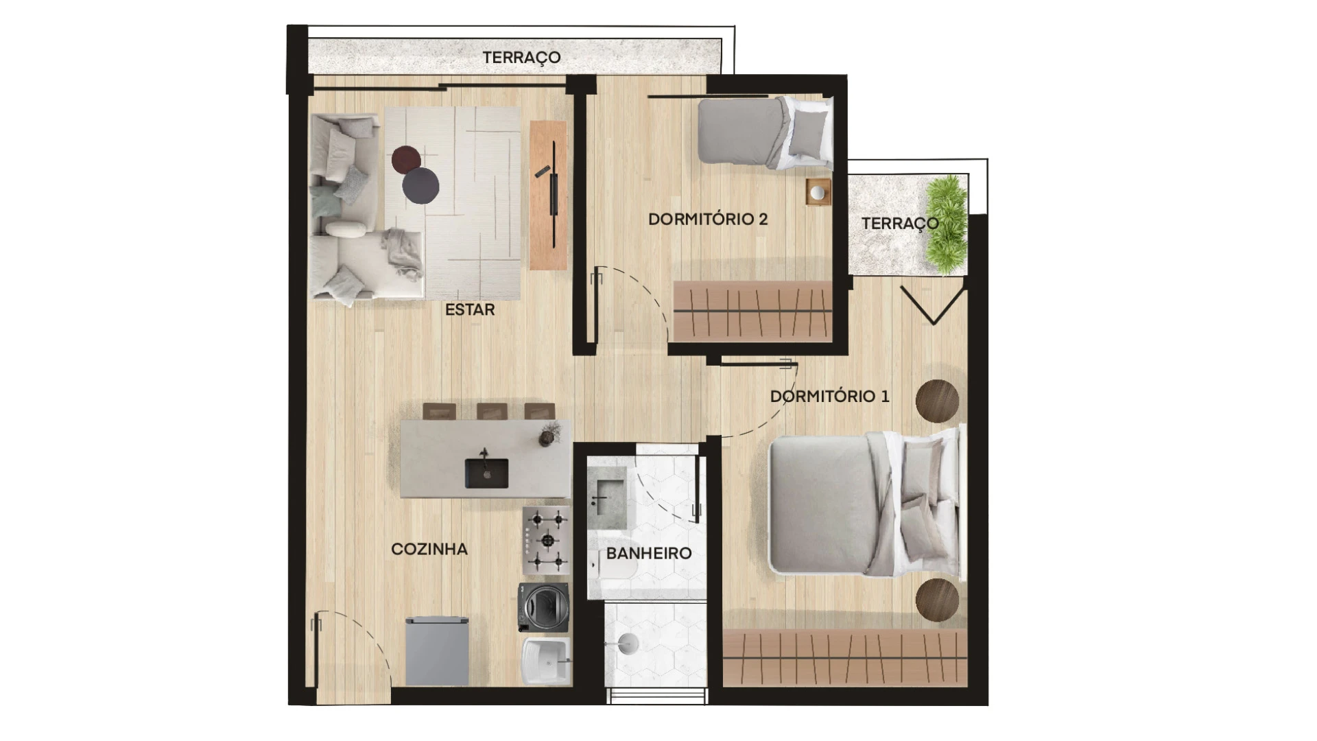 Planta do apartamento Tipo 52 m² com 2 dormitórios, Enseada Exclusive, Praia da Enseada, Guarujá