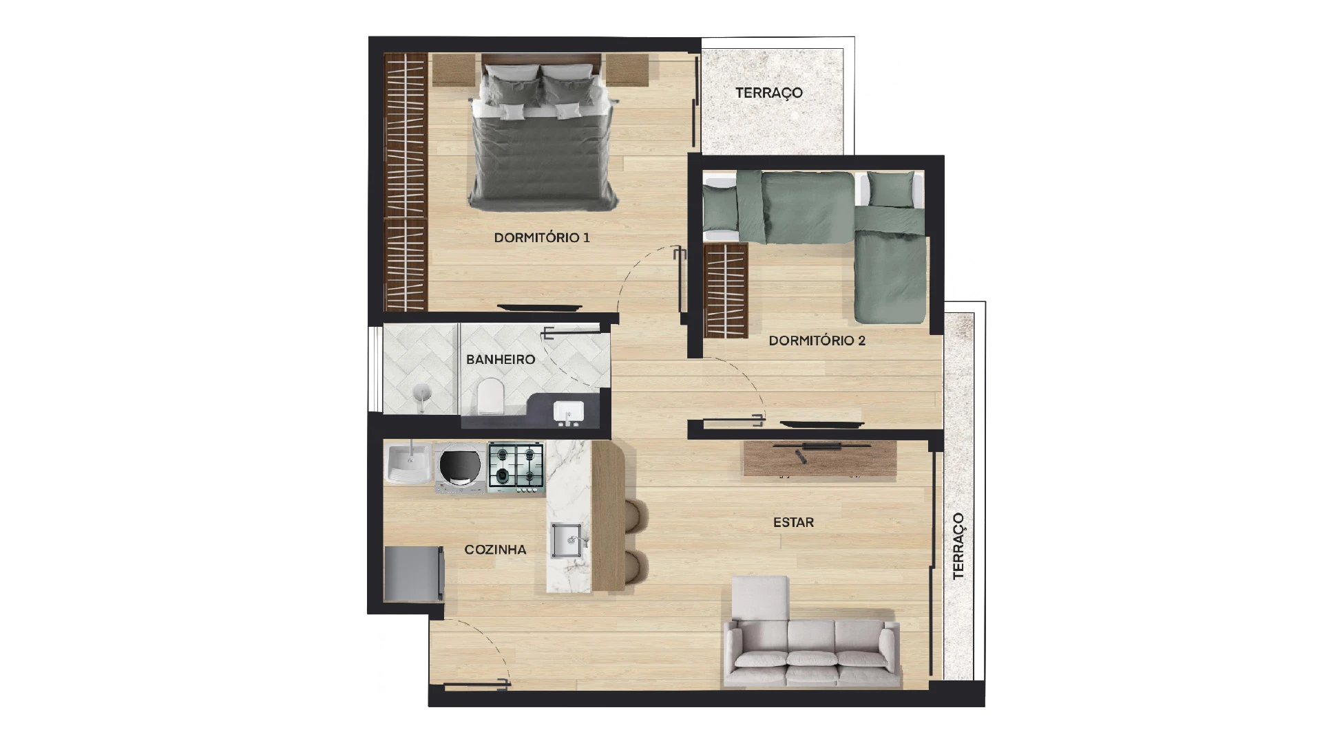 Planta do apartamento Tipo 58 m² com 2 dormitórios, Enseada Exclusive, Praia da Enseada, Guarujá